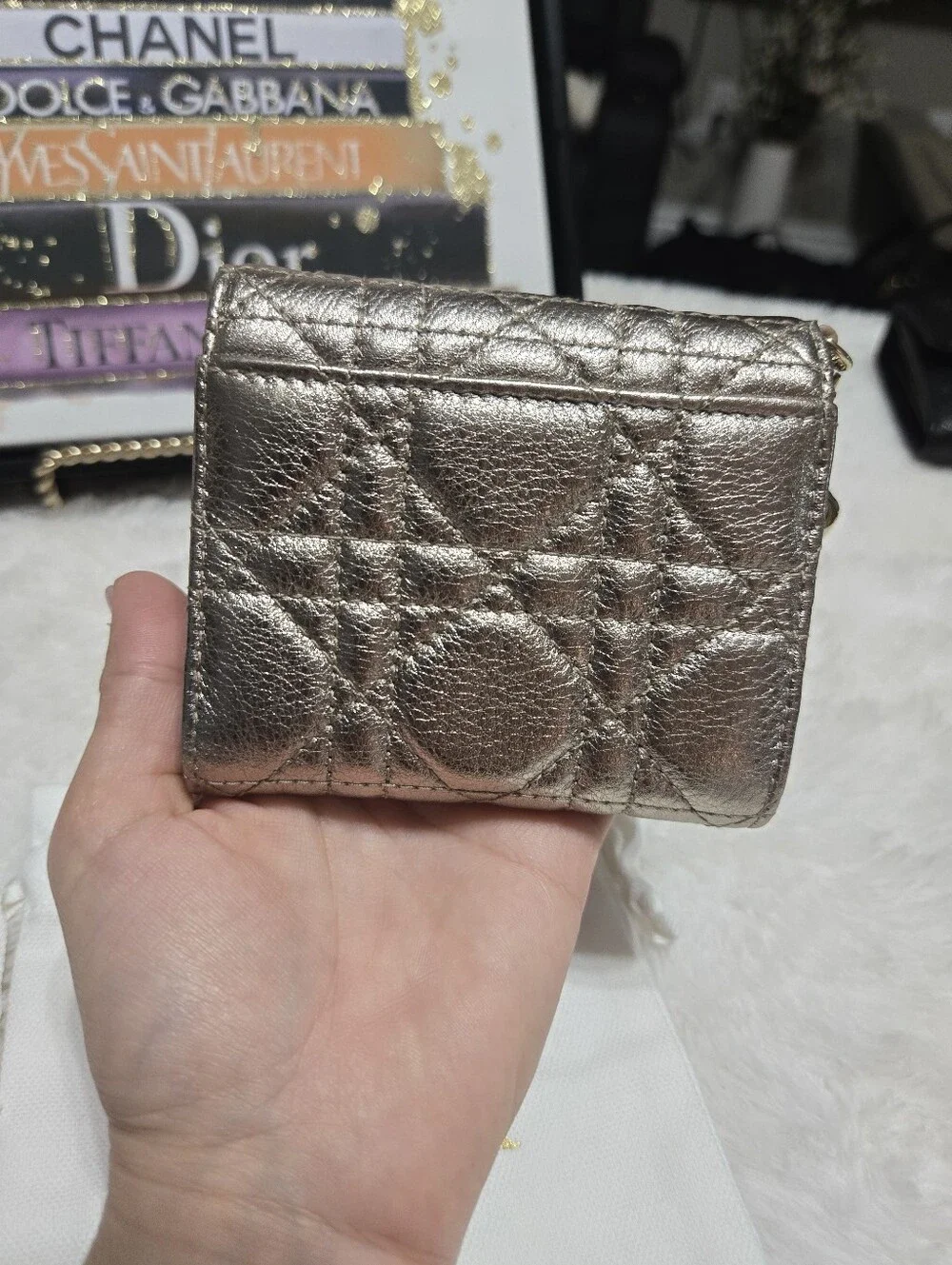 🔥 Christian Dior Lady Dior Cannage Pattern Metallic Compact Wallet EXCELLENT 🔥